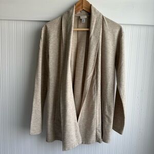 Long open-front cardigan tunic length Oat heather soft knit